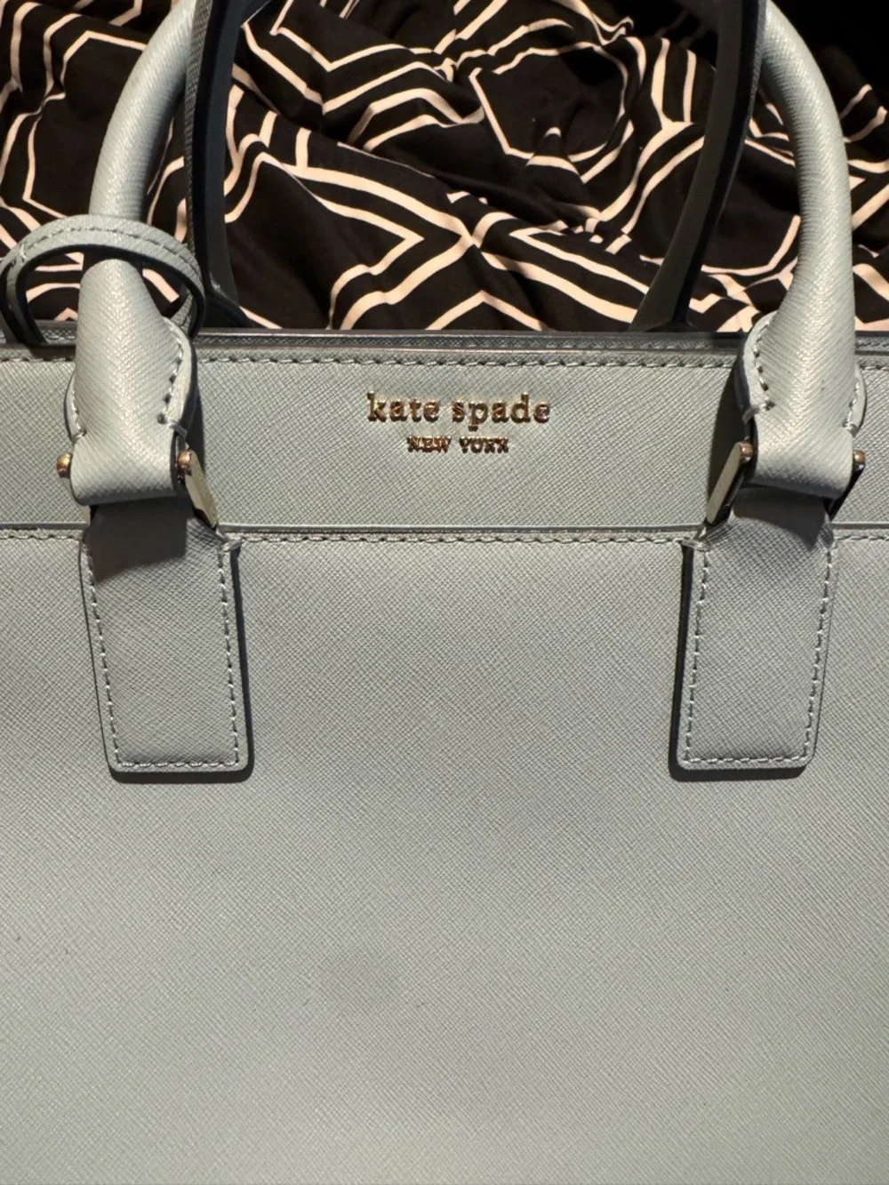 kate spade Light Blue Saffiano Satchel with Gold Logo